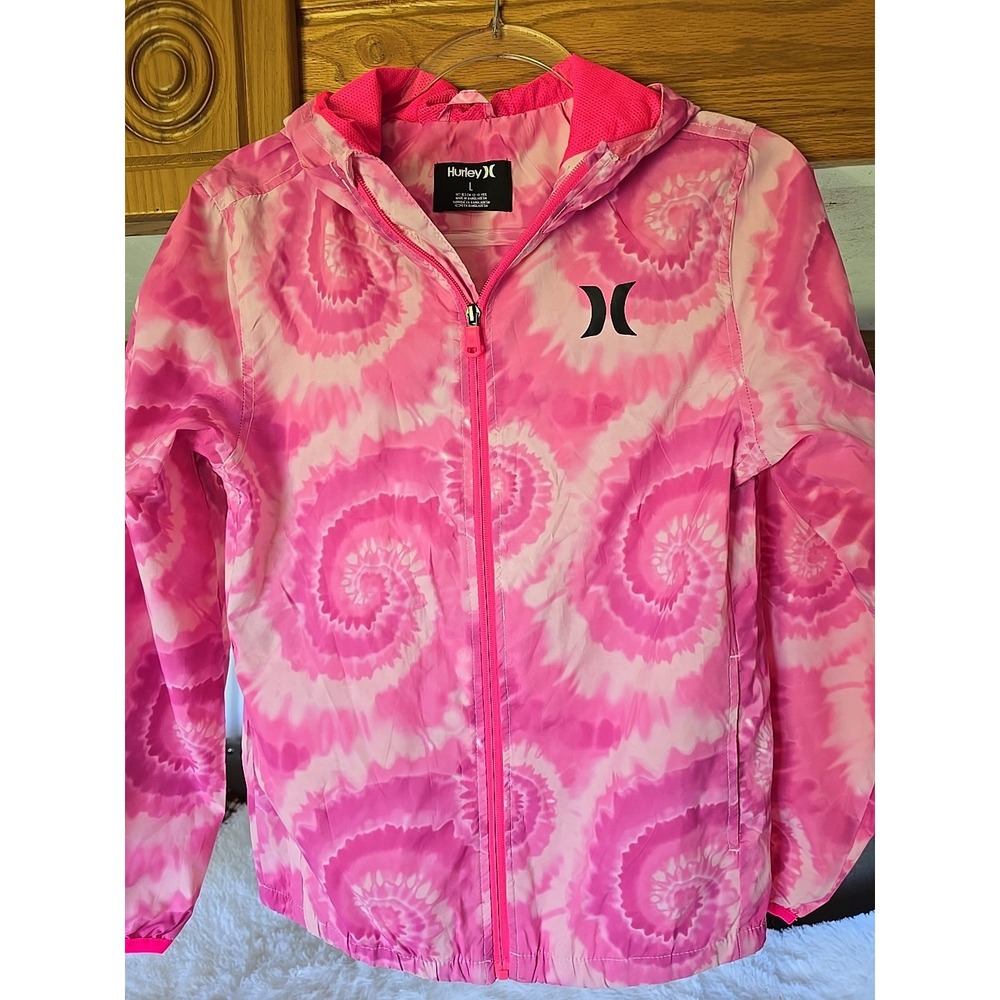 Hurley Windbreaker Jacket Girls Sz Large 12-13 Pink Tye Dye Hooded Full Zip